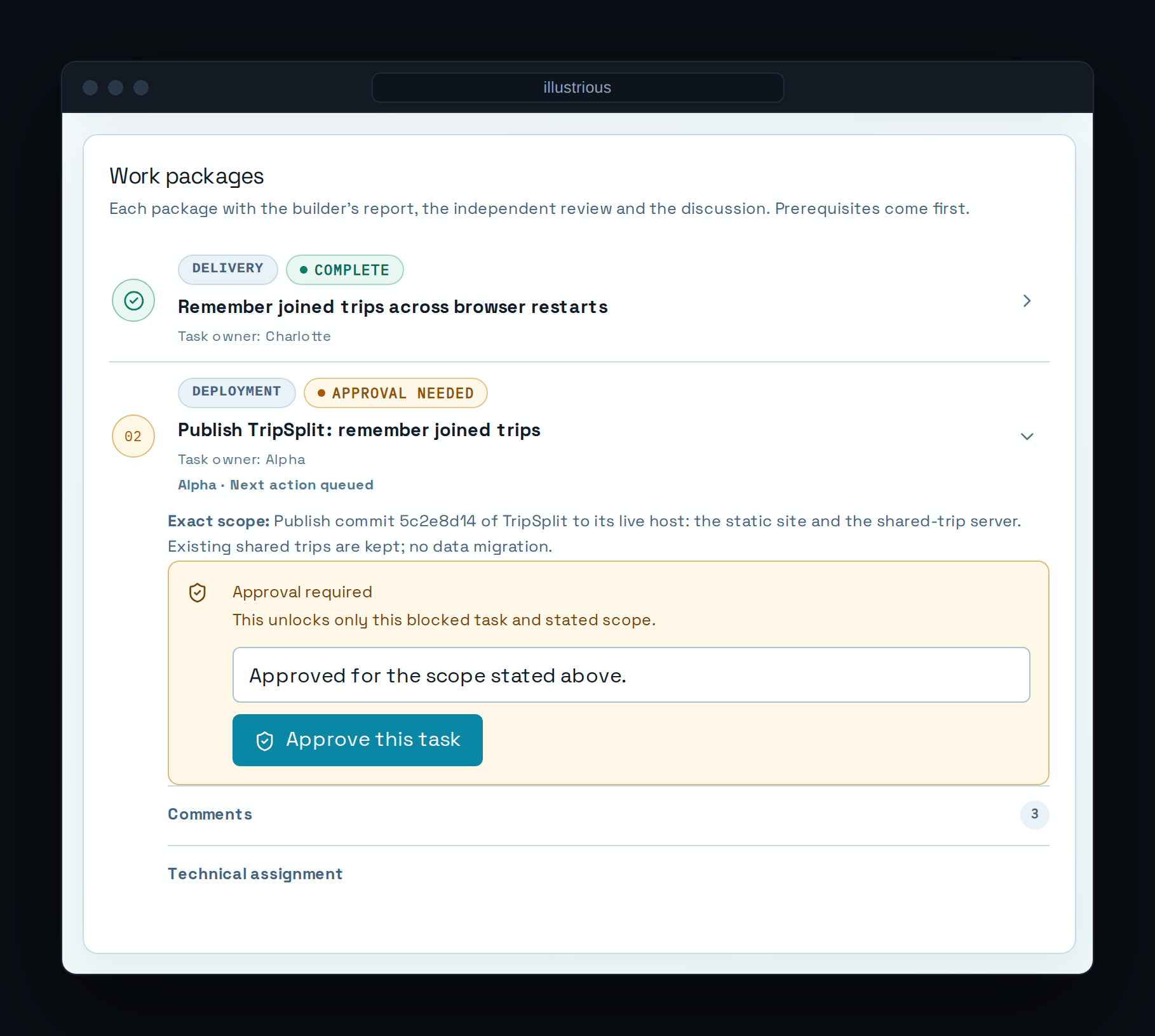 A deployment approval card for TripSplit: the task owner, the exact scope to be approved, and the approval form.