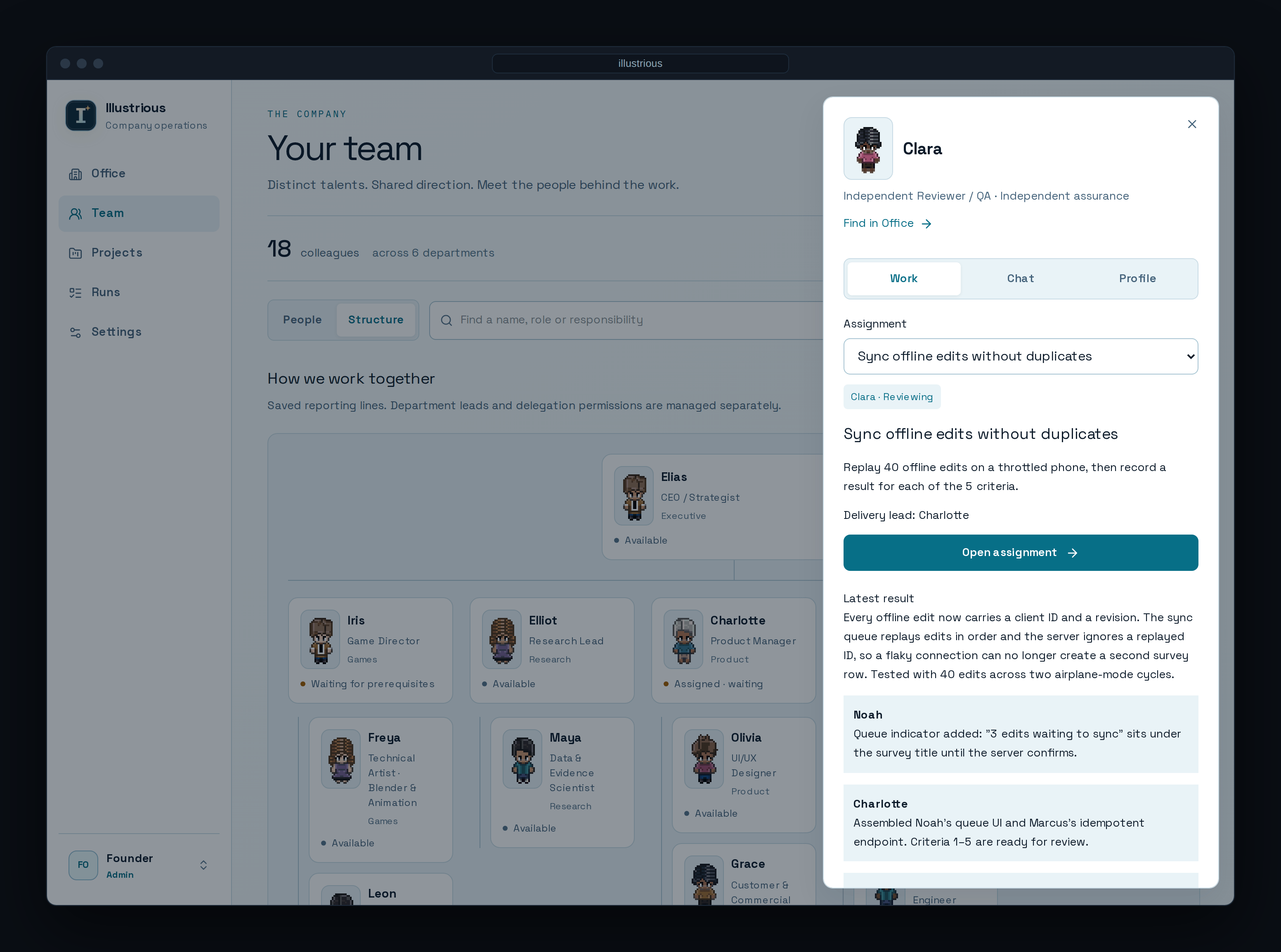 The Team page, with agents grouped by department and a side drawer open on one specialist, showing their current assignment, next action and comments from colleagues.
