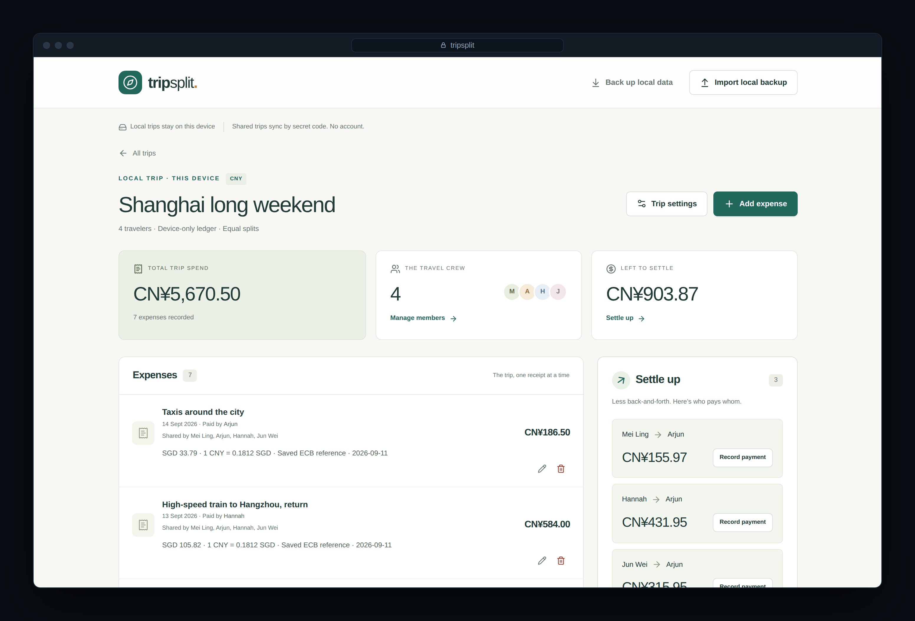 TripSplit on a desktop browser: a four-person trip ledger with expenses in yuan, saved SGD conversion rates and who pays whom.