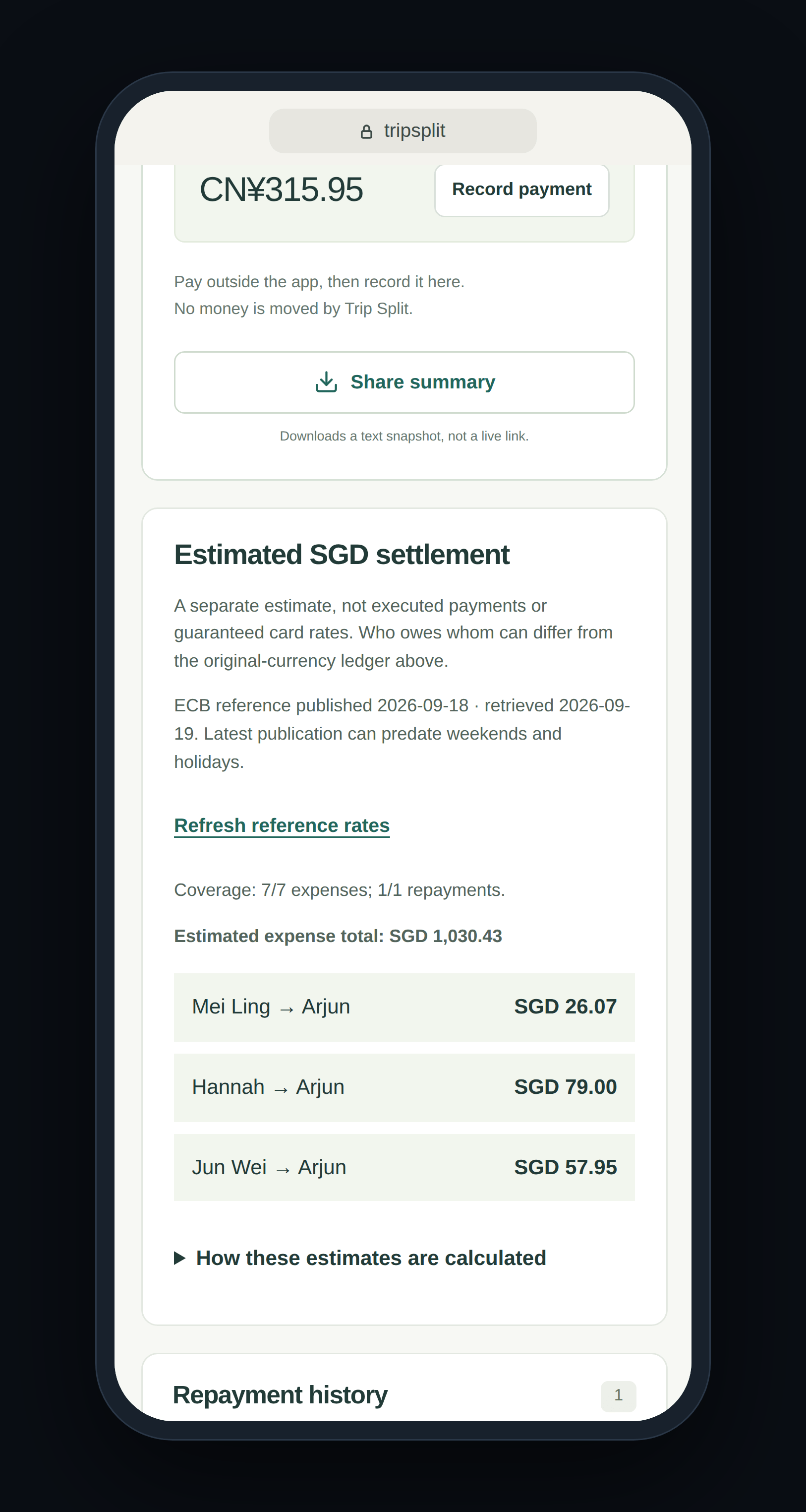 TripSplit on a phone-sized screen, showing an estimated settlement in Singapore dollars with the reference-rate date and coverage.